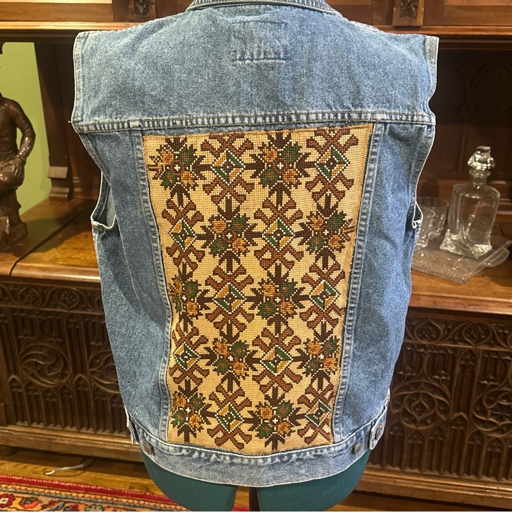 Gitano Denim Vest with Southwestern Aztec Cross Stitch Embellishment